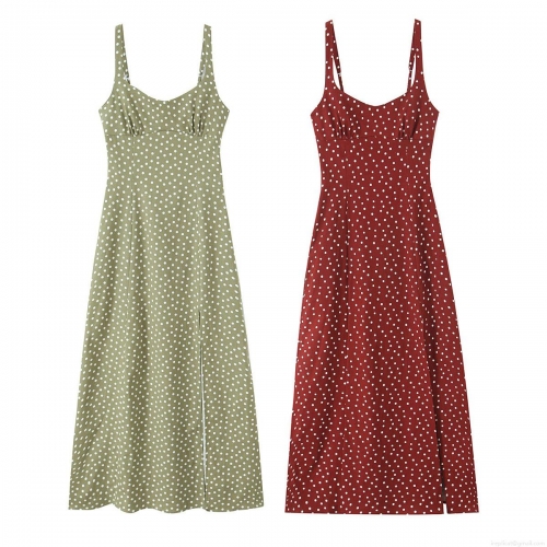 Women Sexy Polka Dot Spaghetti Strap Midi Dress Side Split Ruched V-Neck Summer Sleeveless Backless Dress For Beach Party Vacation Date Night