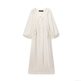Women's Summer Solid Color Single Breasted Waist Drawstring Long Sleeve Midi Dress Cotton Linen Feel Polyester Blend Casual Western Style Streetwear
