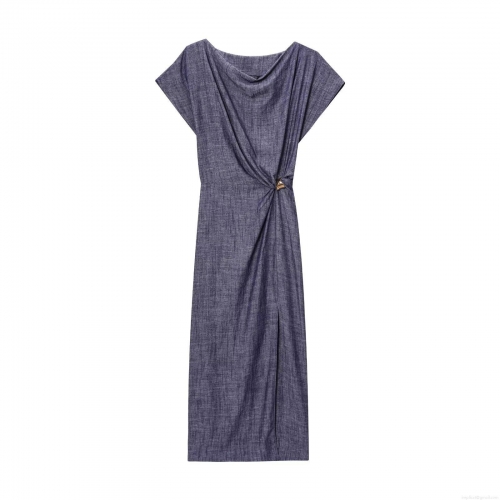 Women Summer European Style Sleeveless Round Neck Midi Dress With Gold Triangle Buckle Ruched Side Slit Textured Polyester Fabric Streetwear Party Dress