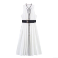 Women's Contrast Trim Sleeveless Belted Midi Dress Polyester Single Breasted V Neck Long Vest Dress Summer Street Style Elegant Party Lady Casual Outfits
