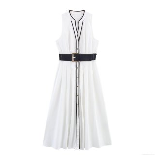 Women's Contrast Trim Sleeveless Belted Midi Dress Polyester Single Breasted V Neck Long Vest Dress Summer Street Style Elegant Party Lady Casual Outfits