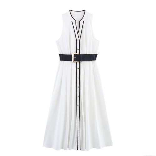 Women's Contrast Trim Sleeveless Belted Midi Dress Polyester Single Breasted V Neck Long Vest Dress Summer Street Style Elegant Party Lady Casual Outfits
