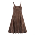 Women's Vintage Polka Dot Midi Dress Spaghetti Strap Linen Cotton Summer Holiday V-Neck Sleeveless Ruched Slim Fit Sundress Streetwear