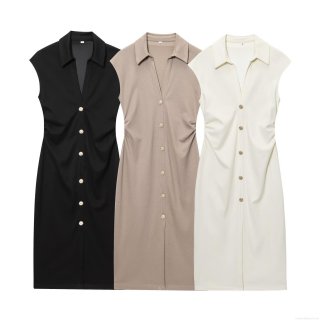 Women Sleeveless Polo Collar Dress Polyester Gold Button Side Ruching Bodycon Midi Dress Urban Office Streetwear Summer Casual Elegant Vestido