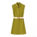 Women's Sleeveless Shirt Dress With Belt Lapel Single Breasted Solid Color Summer Casual Midi Dress Elegant Streetwear Fashion Outfits