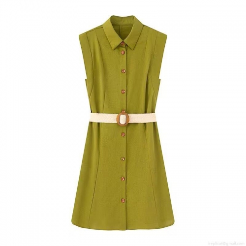 Women's Sleeveless Shirt Dress With Belt Lapel Single Breasted Solid Color Summer Casual Midi Dress Elegant Streetwear Fashion Outfits