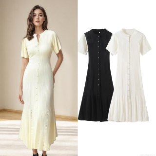 Women's Summer Short Sleeve Knit Midi Dress Button Up Slim Fit Bodycon Ribbed Knitted Dress With Pointelle Details Summer Streetwear Western Style Ladies Dress