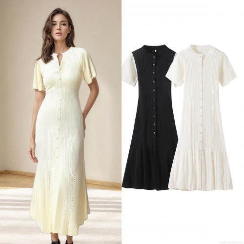 Women's Summer Short Sleeve Knit Midi Dress Button Up Slim Fit Bodycon Ribbed Knitted Dress With Pointelle Details Summer Streetwear Western Style Ladies Dress