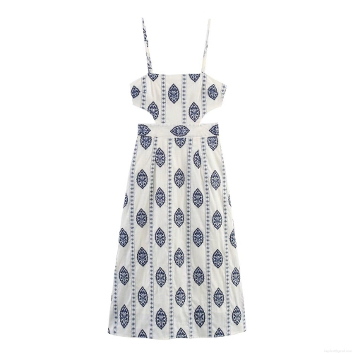 Bohemian Blue Embroidered Camisole Dress Women Summer Waist Hollow Out Cotton Blend V Neck Midi Dress For Vacation Beach Party