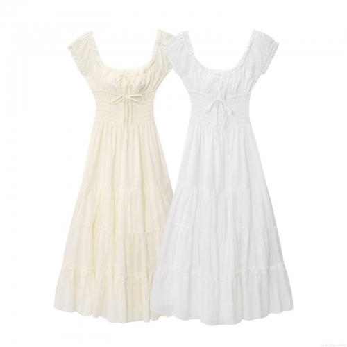 Women's Summer European Style Solid Color Midi Dress Polyester Ruffle Smocked Waist Tiered A-Line Sleeveless Bow Knot Dress for Vacation Party Women