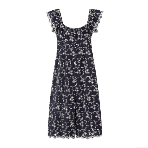 Women's Navy Blue Embroidered Midi Dress White Floral Flutter Sleeve Square Neck Ruffle Hollow Out A-Line Summer Vacation Party Dresses