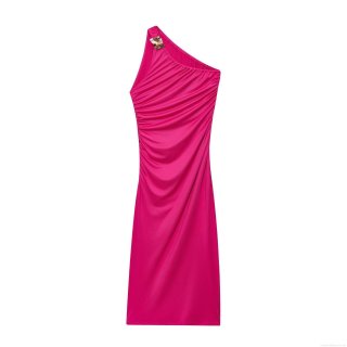 Women Sexy One Shoulder Ruched Midi Dress Polyester Metal Buckle Slim Fit Sleeveless A-Line Gown For Summer Party Evening Night Out Elegant Dress