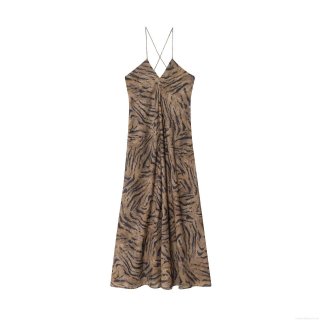 Women Summer Sexy Tiger Animal Print Sling Midi Dress Backless Lace-up V-Neck Mermaid Skirt Polyester Street Fashion Casual Party Outfits
