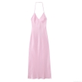 Women's Sexy Backless Halter Satin Midi Dress Crisscross Neck Sleeveless Solid Pink Silk Texture Summer Elegant Party Dress