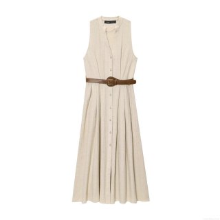 Women Elegant Sleeveless V-Neck Button Down Midi Dress With Belt Solid Color Polyester Cotton A-Line Summer Casual Streetwear Long Dress