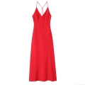 Women's Sexy Backless V-Neck Midi Slip Dress Summer Solid Color Cross Strap Polyester Party Cocktail Dress For Women