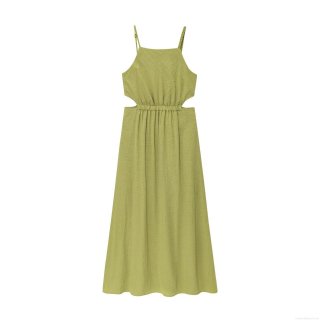 Women Sexy Cut Out Midi Dress Woven Bead Straps Pleated Solid Color Summer Vacation Sleeveless Backless Sundress Polyester Linen Feel Dress
