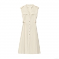 Women's V-Neck Sleeveless Button Down Midi Dress Elegant Off-White Waist-Tie Polyester Woven Dress For Ladies Streetwear Casual Party
