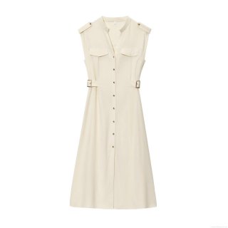Women's V-Neck Sleeveless Button Down Midi Dress Elegant Off-White Waist-Tie Polyester Woven Dress For Ladies Streetwear Casual Party