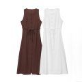 Women's Elegant Sleeveless Midi Dress Round Neck Button Down Solid Color Summer A-Line Dress With Waist Tie Belt Minimalist Streetwear Fashion
