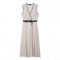 Women Sleeveless V-Neck Midi Dress With Belt Contrast Piping Elegant Solid Beige Polyester Summer Autumn Casual Streetwear Fashion Dress