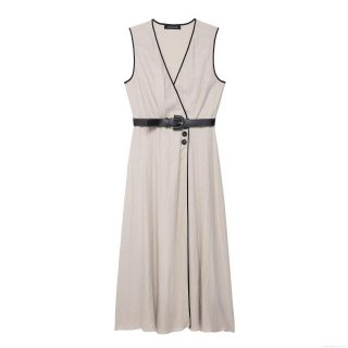 Women Sleeveless V-Neck Midi Dress With Belt Contrast Piping Elegant Solid Beige Polyester Summer Autumn Casual Streetwear Fashion Dress