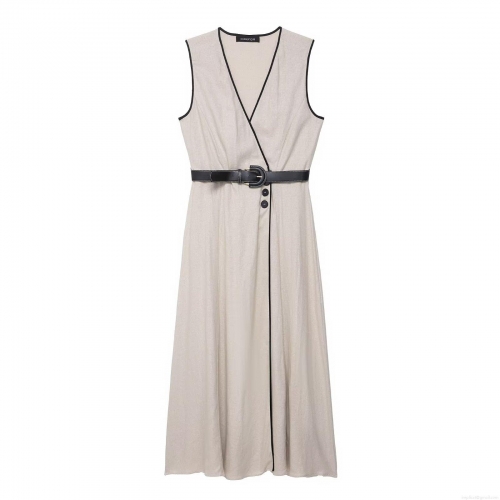 Women Sleeveless V-Neck Midi Dress With Belt Contrast Piping Elegant Solid Beige Polyester Summer Autumn Casual Streetwear Fashion Dress