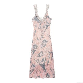 Women's Vintage Paisley Print Cami Dress Sexy Backless Tie V-Neck Ruffle Shoulder Strap Midi Dress Polyester Bohemian Beach Party Dress