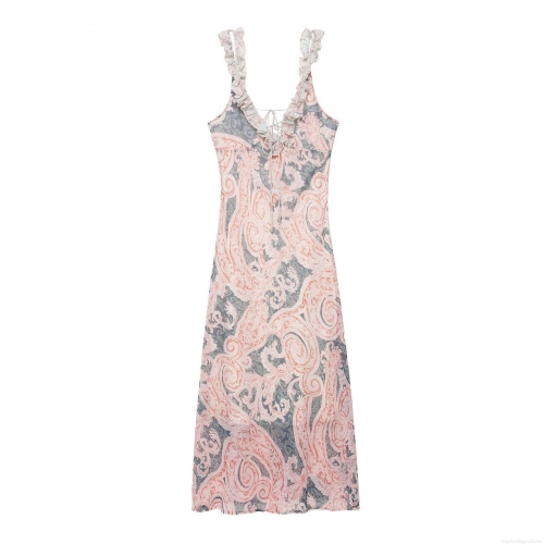 Women's Vintage Paisley Print Cami Dress Sexy Backless Tie V-Neck Ruffle Shoulder Strap Midi Dress Polyester Bohemian Beach Party Dress