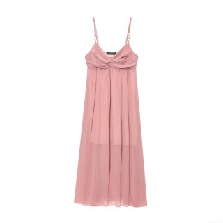 Sexy Women's Ruched Midi Cami Dress Polyester V-Neck Sleeveless Solid Color Elegant Party Vacation Streetwear Pink Dress With Metal Rings Decoration