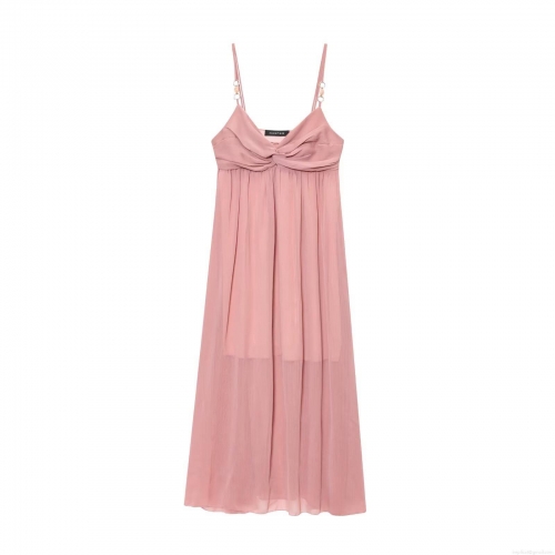 Sexy Women's Ruched Midi Cami Dress Polyester V-Neck Sleeveless Solid Color Elegant Party Vacation Streetwear Pink Dress With Metal Rings Decoration