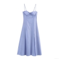 Women's Elegant Lavender Cami Midi Dress With Pleated Bustier And Side Slit Sexy Polyester Slim Fit Slip Dress For Party Dating Women Clothing