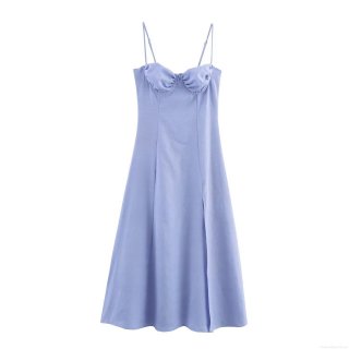 Women's Elegant Lavender Cami Midi Dress With Pleated Bustier And Side Slit Sexy Polyester Slim Fit Slip Dress For Party Dating Women Clothing