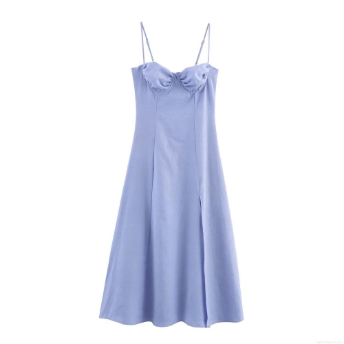 Women's Elegant Lavender Cami Midi Dress With Pleated Bustier And Side Slit Sexy Polyester Slim Fit Slip Dress For Party Dating Women Clothing