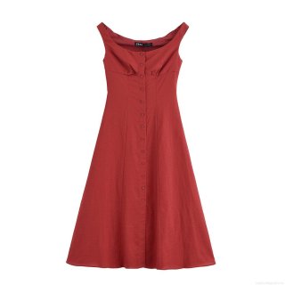 Women's Sleeveless Button Decor Midi Dress Square Neck Tie Waist Solid Color A-Line Dress European Style Autumn Streetwear Chic Outfit