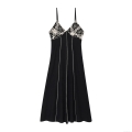 Women's Sexy Black Suspender Midi Dress With Beige Lace Embroidery V-Neck Contrast Stitching Street Style Polyester Long Dress For Autumn