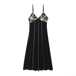 Women's Sexy Black Suspender Midi Dress With Beige Lace Embroidery V-Neck Contrast Stitching Street Style Polyester Long Dress For Autumn