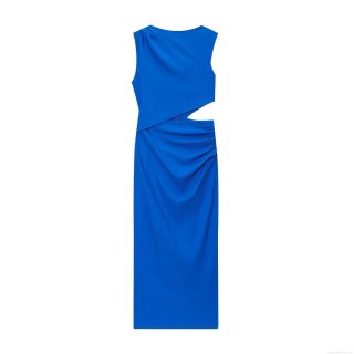 Women Sexy Sleeveless Cutout Ruched Midi Dress Royal Blue Bodycon Split Hem Cotton Linen Blend Evening Party Clubwear Streetwear Pencil Dress