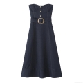 Women's Strapless Denim Midi Dress With Belt Sexy Backless A-Line Button Off Shoulder Clubwear Party Streetwear Dress