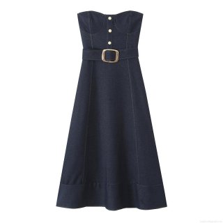 Women's Strapless Denim Midi Dress With Belt Sexy Backless A-Line Button Off Shoulder Clubwear Party Streetwear Dress