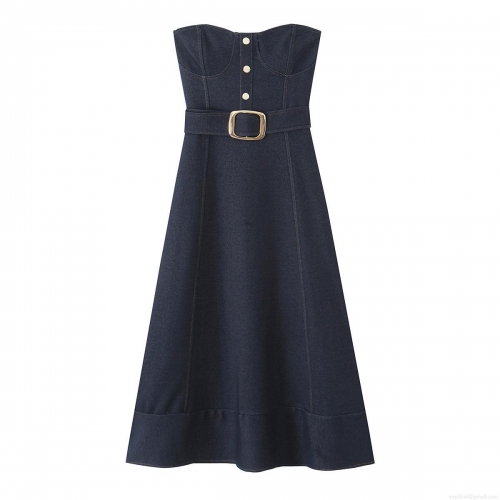 Women's Strapless Denim Midi Dress With Belt Sexy Backless A-Line Button Off Shoulder Clubwear Party Streetwear Dress