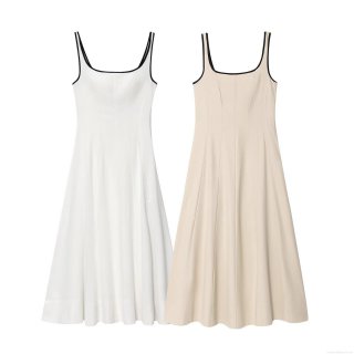 Women's Contrast Trim Cami Dress Linen Cotton Blend Midi A-Line Dress For Summer Vacation Daily Wear Sleeveless Square Neck Streetwear Style Fashion Dress