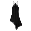 Women's Sexy Black Satin Lace Patchwork Slip Dress Elegant V-Neck Spaghetti Strap Irregular Hem Party Midi Dress For Women Night Out