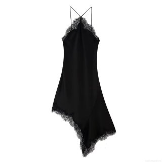 Women's Sexy Black Satin Lace Patchwork Slip Dress Elegant V-Neck Spaghetti Strap Irregular Hem Party Midi Dress For Women Night Out