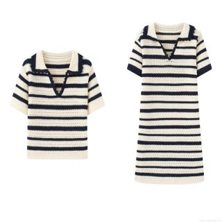 Women's Colorblock Striped Knit Polo Dress And Short Sleeve Crochet Top Streetwear Casual Midi A-Line Dress Comfortable Breathable Women's Clothing