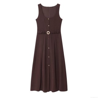 Women's European Style U-Neck Sleeveless Single-Breasted Midi Dress With Belt Solid Color Polyester A-Line Dress For Streetwear Party Autumn Coffee Brown