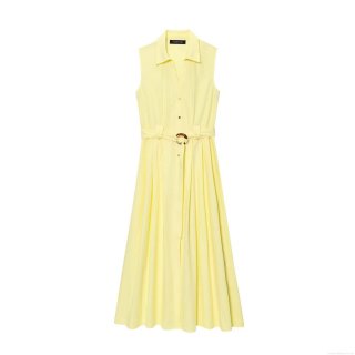 Women's Sleeveless Midi Dress Elegant Lapel Collar Solid Yellow A-Line Dress With Belt Tortoise Buckle Button Up Autumn Fashion Casual Street Style Dress For Women