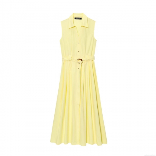 Women's Sleeveless Midi Dress Elegant Lapel Collar Solid Yellow A-Line Dress With Belt Tortoise Buckle Button Up Autumn Fashion Casual Street Style Dress For Women