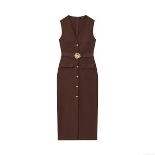Elegant Women Sleeveless V-Neck Midi Dress with Belt Gold Flower Buckle Single Breasted Button Polyester Woven Bodycon Work Office Vest Dress