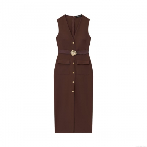 Elegant Women Sleeveless V-Neck Midi Dress with Belt Gold Flower Buckle Single Breasted Button Polyester Woven Bodycon Work Office Vest Dress